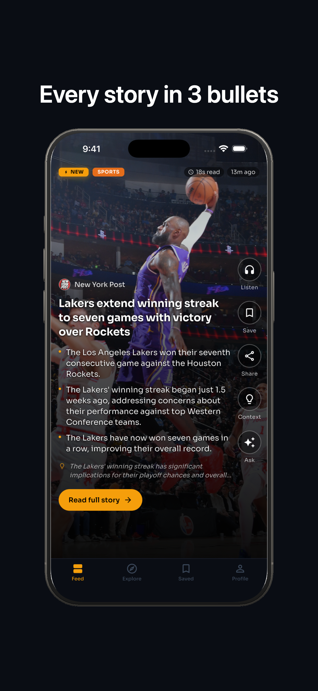 Briefly news story screen showing every story summarized in three bullets