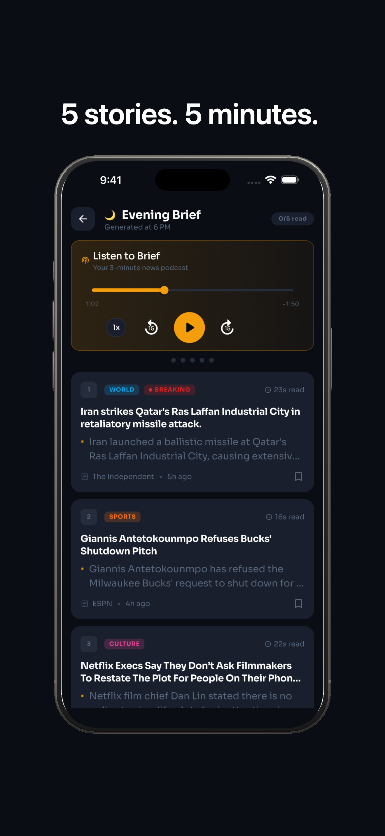 Briefly evening brief screen showing a five story audio brief