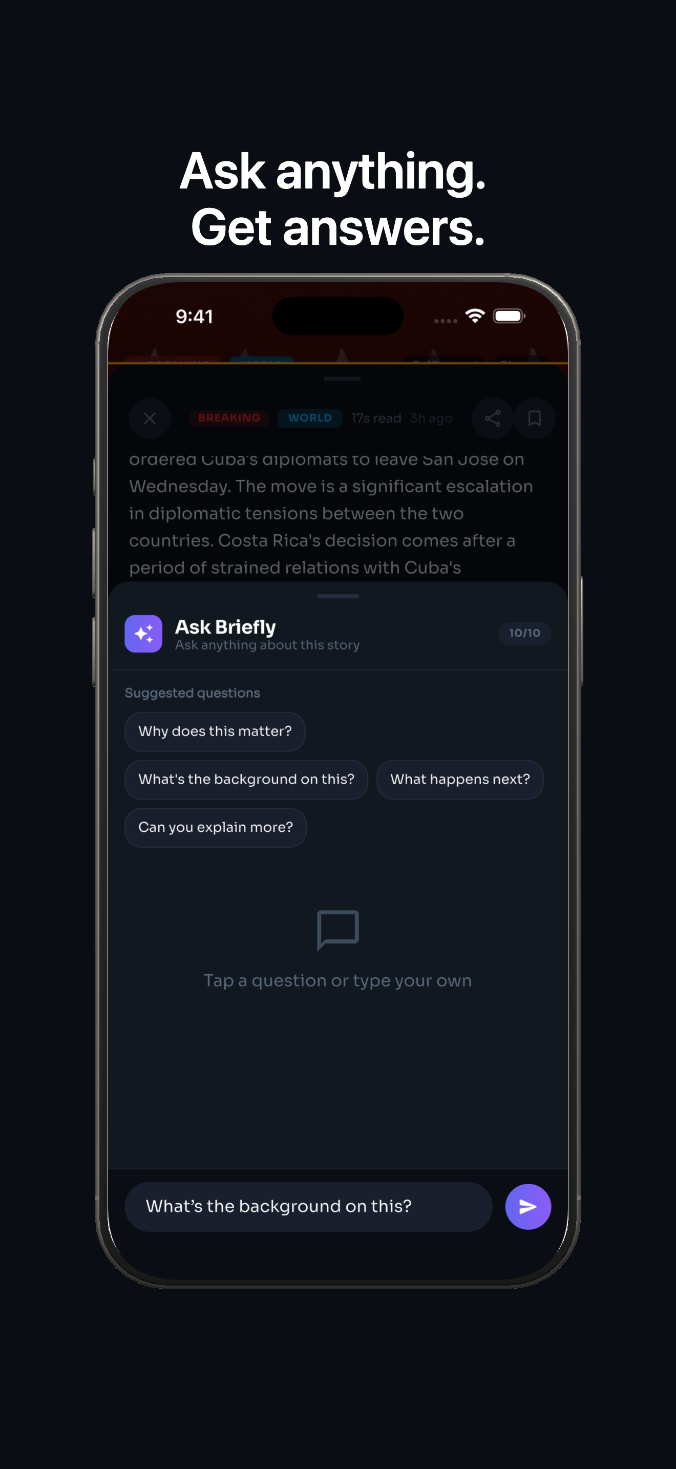 Ask Briefly screen showing AI question and answer support