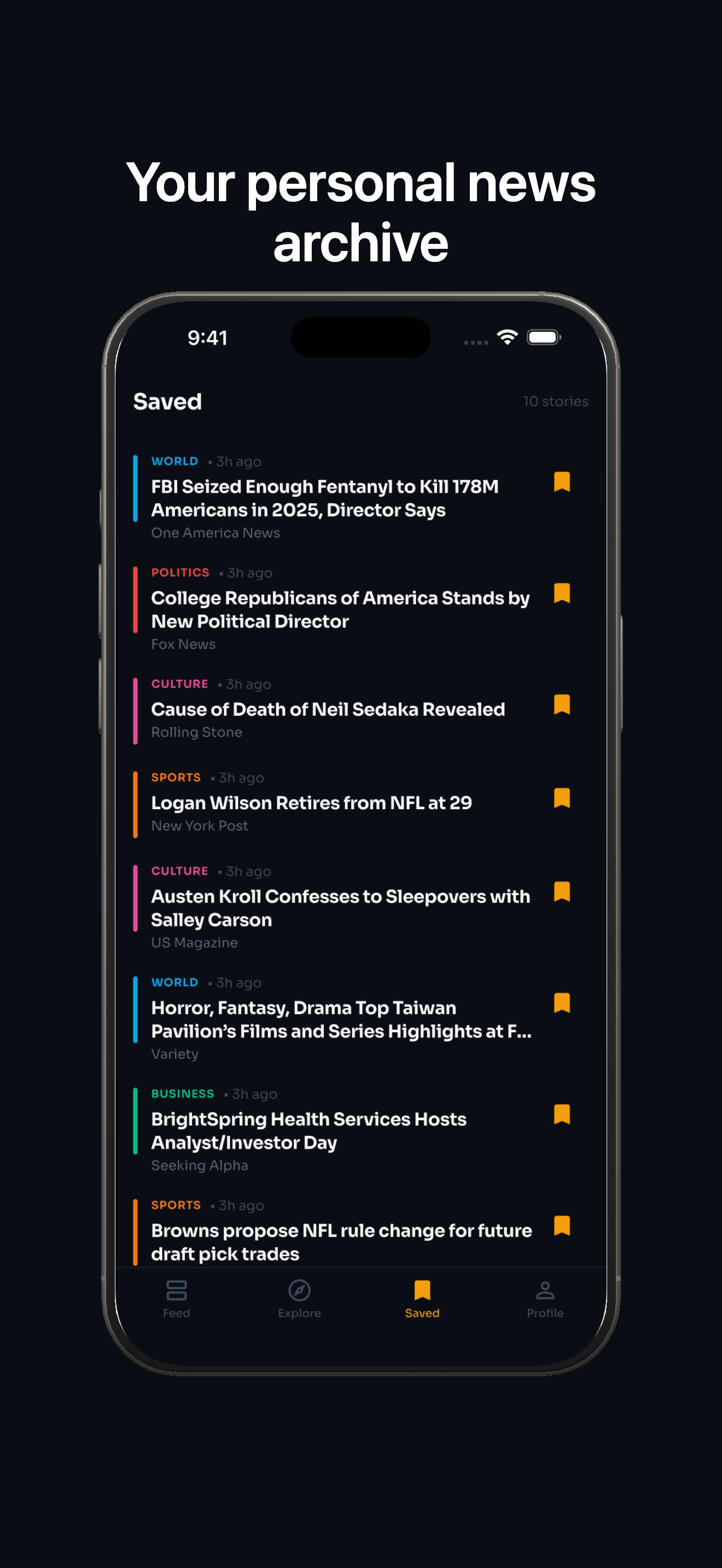 Saved stories screen showing a personal archive inside Briefly