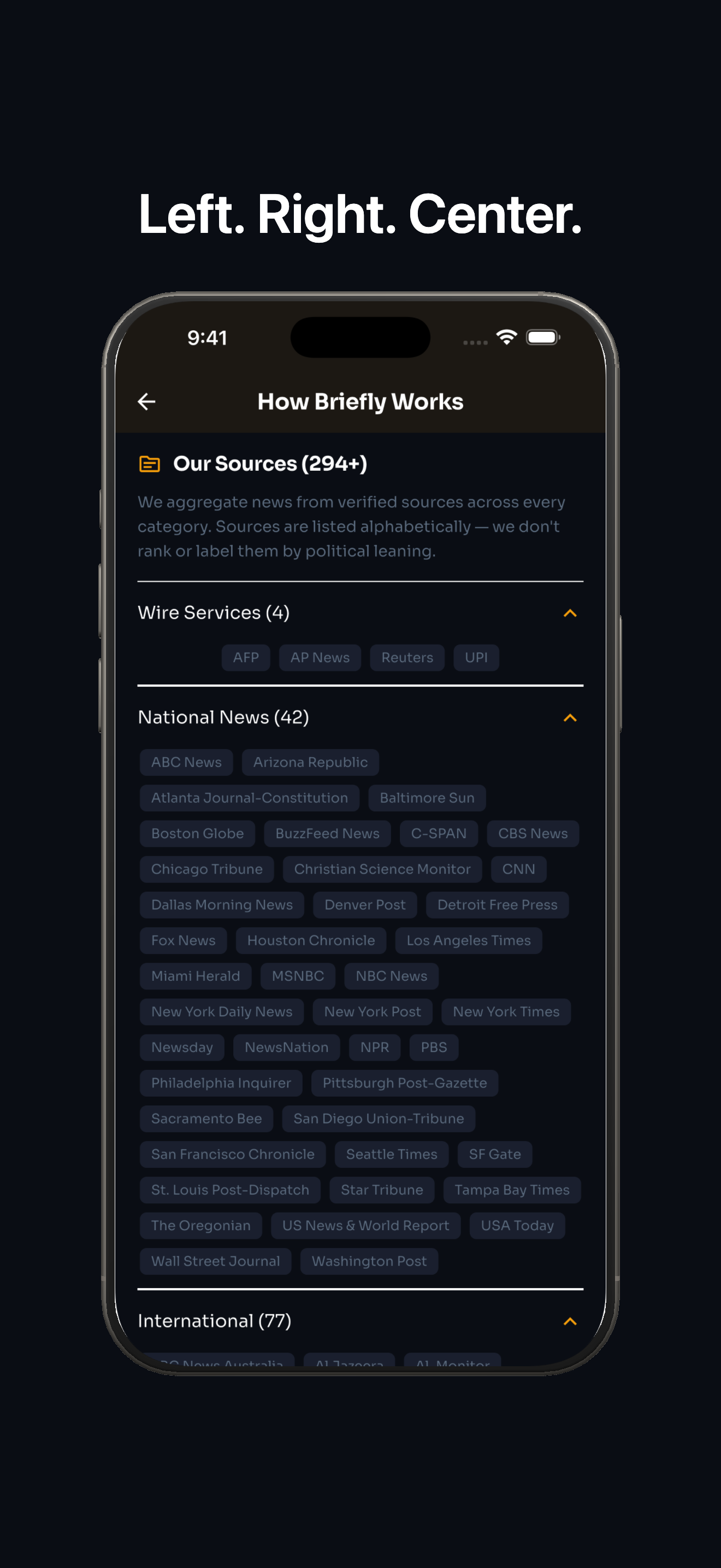 How Briefly Works source list showing coverage from across the spectrum