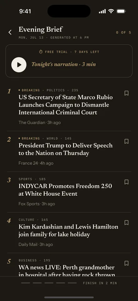 Evening Brief screen with podcast-style audio player