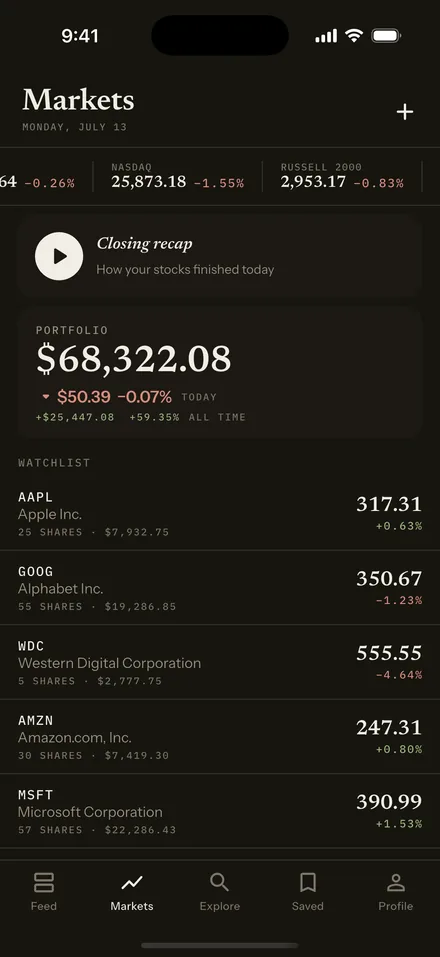 Markets tab in dark mode