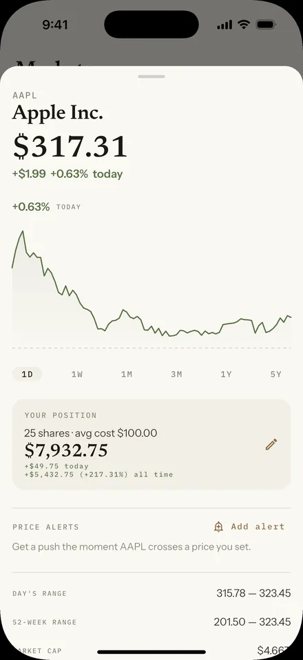 Stock detail with price chart, your position, and price alerts