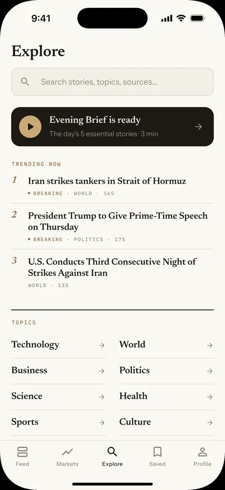 Explore screen with trending stories and topic index