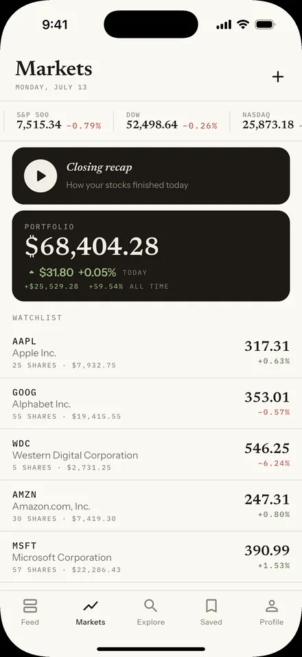 Markets tab with portfolio value and stock watchlist