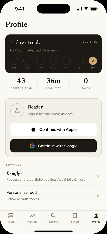 Profile screen with reading streak and stats